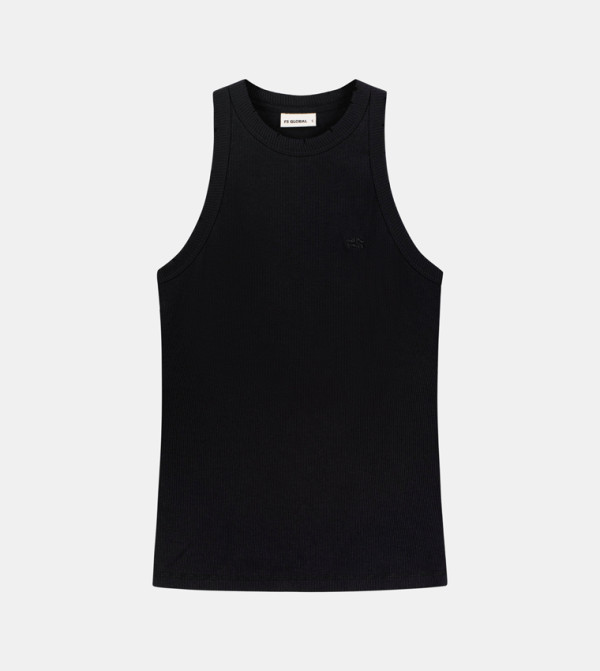 Logo Embroidered Ribbed Crew Neck Sleeveless Tank Top