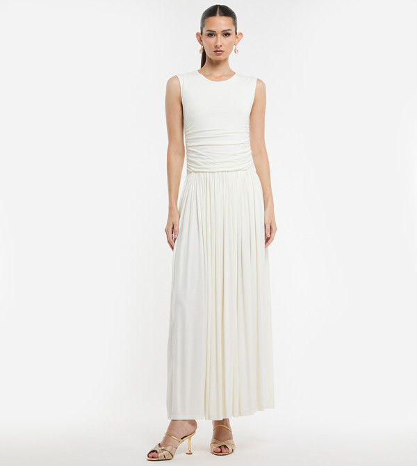 Ruched Waist Pleated Sleeveless Maxi Dress