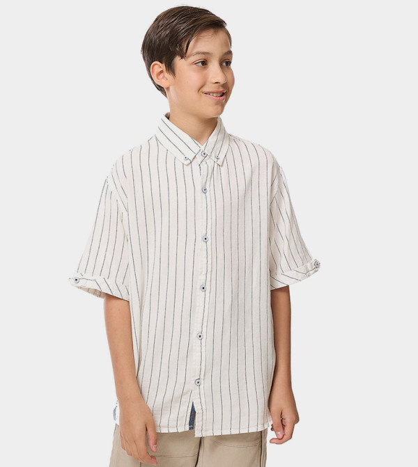 Striped Shirt with Button-Down Collar and Short Sleeves