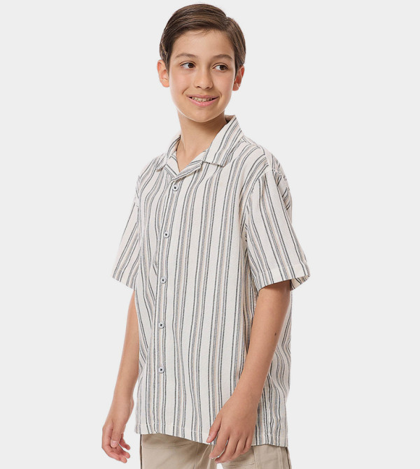 Striped Shirt with Revere Collar and Short Sleeves
