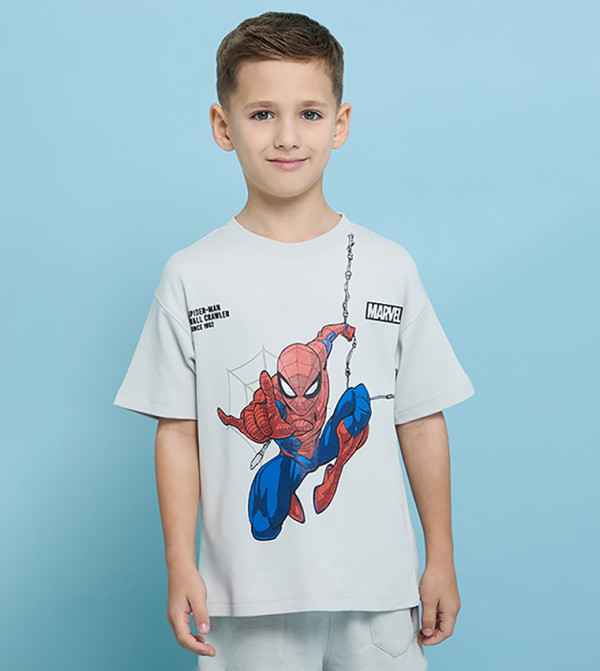 Spider-Man Print T-Shirt with Crew Neck and Short Sleeves