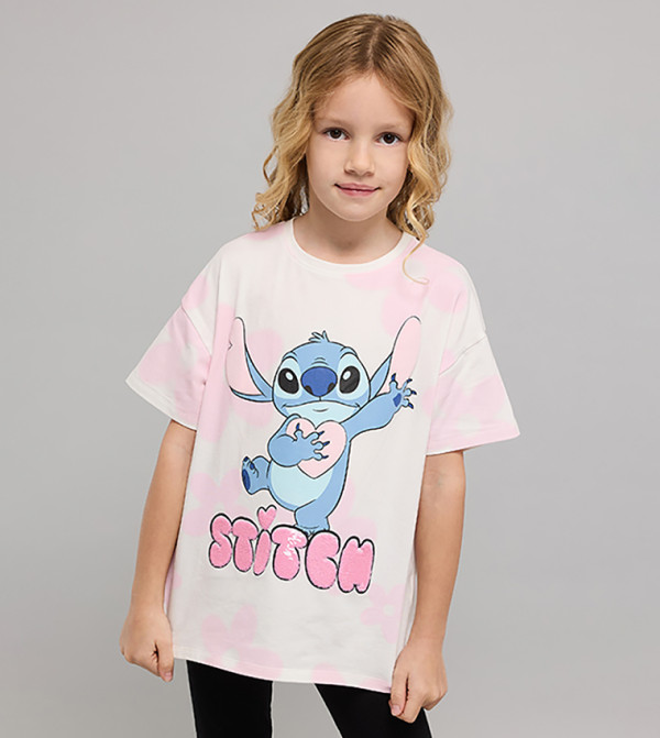 Stitch Print T-Shirt with Crew Neck and Short Sleeves