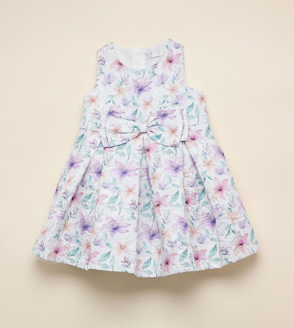 Printed Bow Detail Sleeveless A-Line Dress with Crew Neck