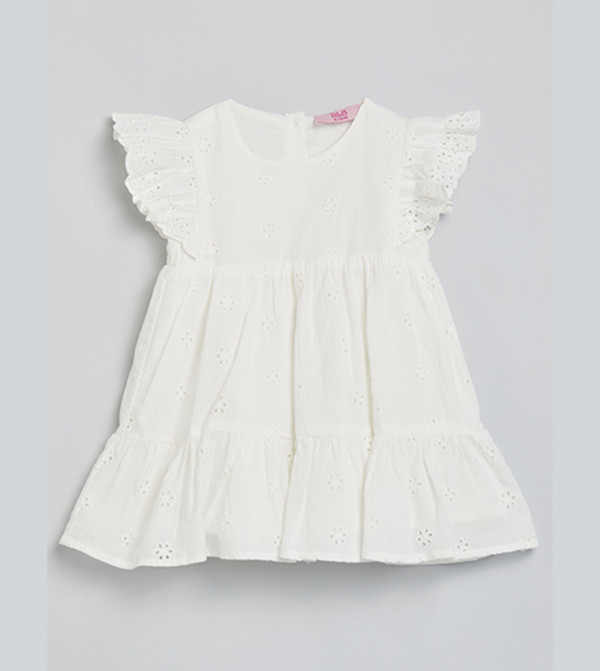 Schiffli Tiered Dress with Crew Neck and Flutter Sleeves