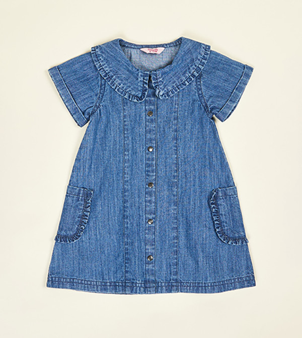Washed Denim A-Line Dress with Round Neck and Short Sleeves