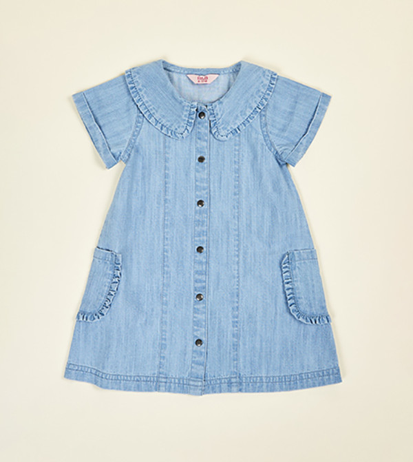 Washed Denim A-Line Dress with Round Neck and Short Sleeves