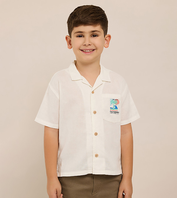 Print Detail Shirt with Revere Collar and Short Sleeves