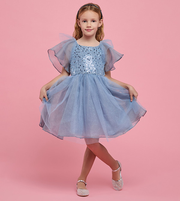 Sequined Dress with Crew Neck and Flutter Sleeves