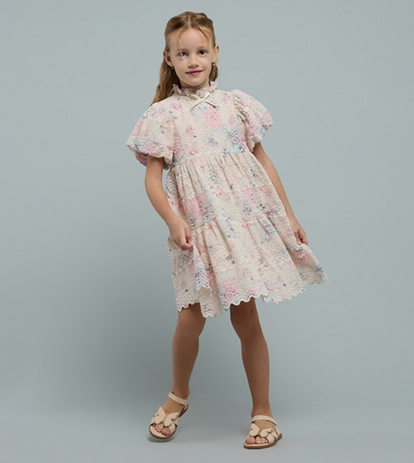 Schiffli Dress with High Neck and Puff Sleeves