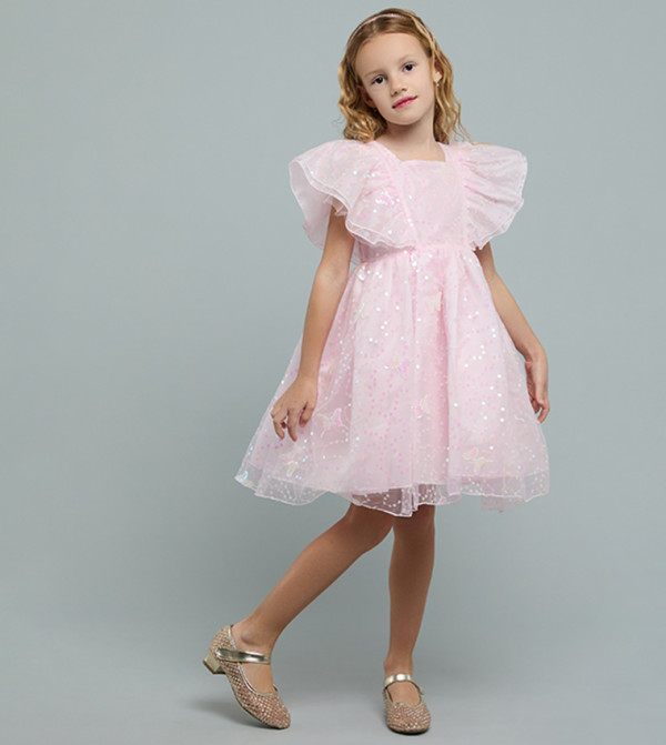 Sequined Dress with Square Neck and Ruffle Sleeves