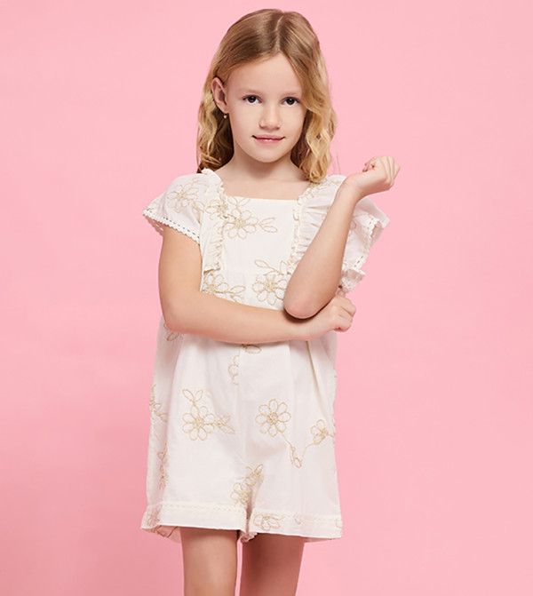 Embroidered Romper with Square Neck and Flutter Sleeves