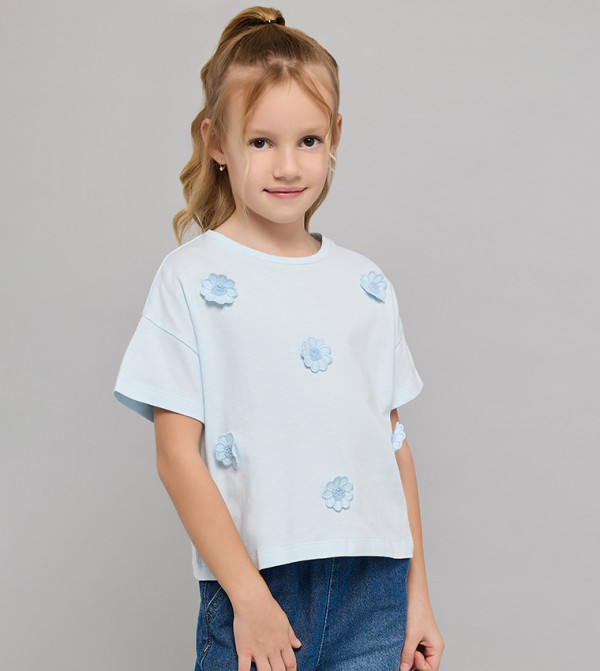 Appliqued T-Shirt with Crew Neck and Short Sleeves