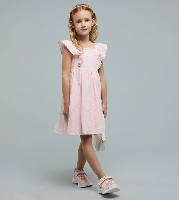 Embroidered Dress with Square Neck and Ruffle Sleeves