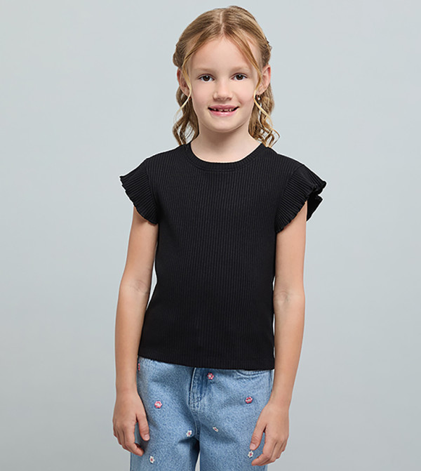 Ribbed Top with Crew Neck and Flutter Sleeves