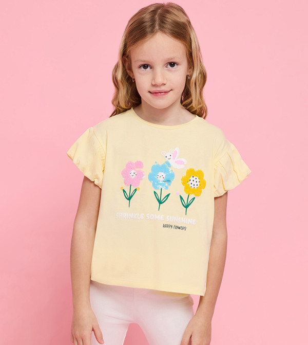 Sequined Top with Crew Neck and Balloon Sleeves