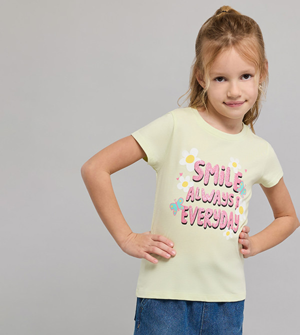 Typography Print T-Shirt with Crew Neck and Short Sleeves