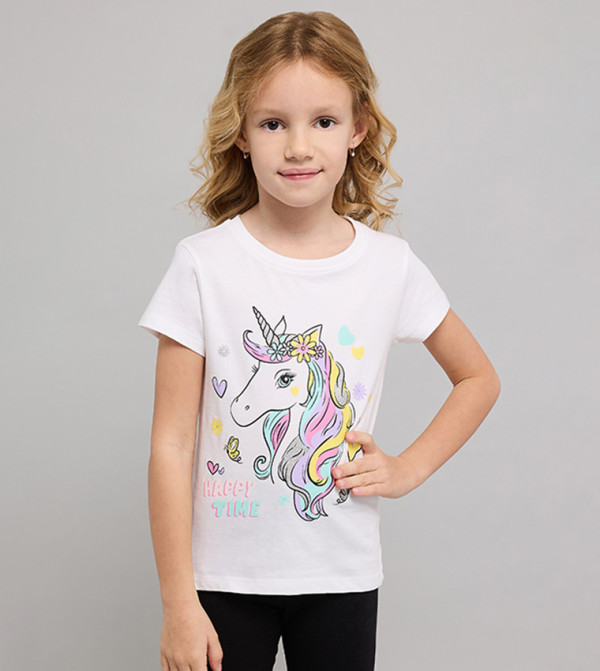 Unicorn Print T-Shirt with Crew Neck and Short Sleeves