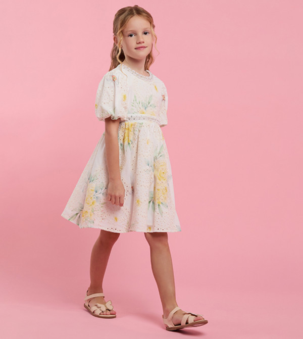 Schiffli A-Line Dress with Crew Neck and Puff Sleeves