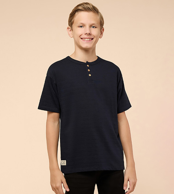 Textured T-Shirt with Henley Neck and Short Sleeves