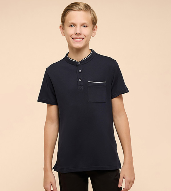 Contrast Tipping T-Shirt with Mandarin Collar and Short Sleeves