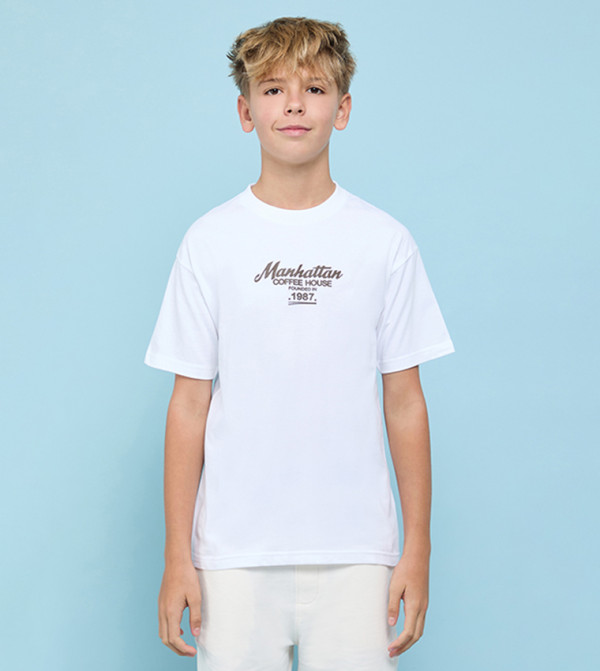 Typography Print T-Shirt with Crew Neck and Short Sleeves