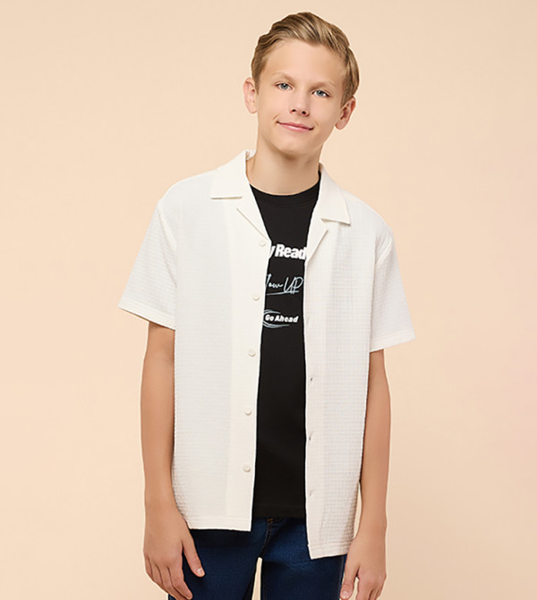 Textured Shirt with Revere Collar and Short Sleeves