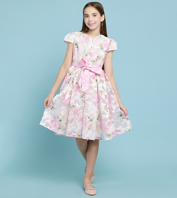 Floral Print Fit & Flare Dress with V-Neck and Cap Sleeves