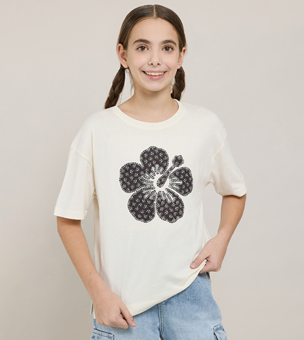 Appliqued T-Shirt with Crew Neck and Short Sleeves