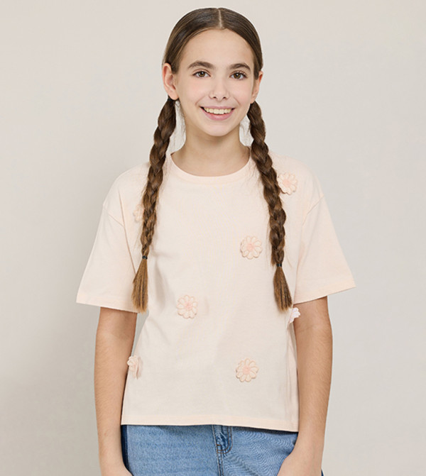 Appliqued T-Shirt with Crew Neck and Short Sleeves