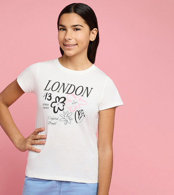 Typography Print T-Shirt with Crew Neck and Short Sleeves