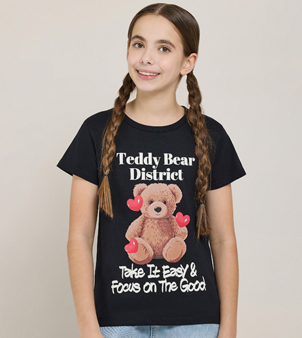 Typography Print T-Shirt with Crew Neck and Short Sleeves