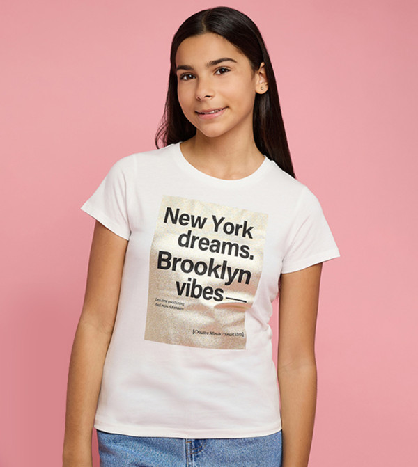 Typography Print T-Shirt with Crew Neck and Short Sleeves