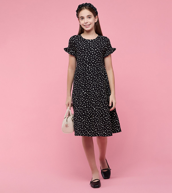 Printed Tiered Dress with Crew Neck and Puff Sleeves