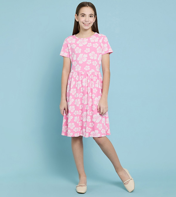 Floral Printed Fit & Flare Dress with Crew Neck and Short Sleeves