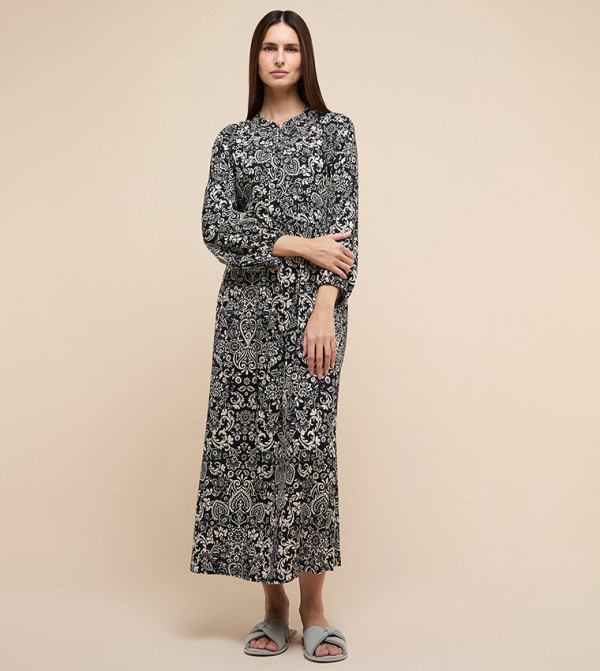 Patterned Nightgown with Stand Collar and Long Sleeves