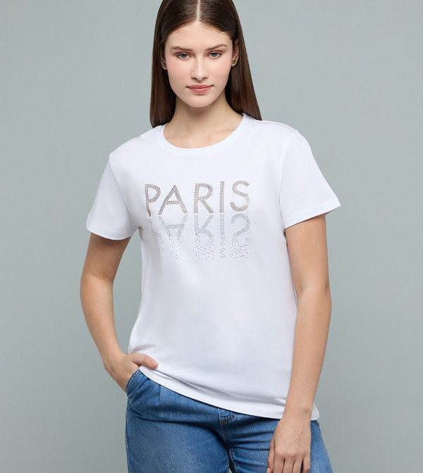 Embellished T-Shirt with Crew Neck and Short Sleeves