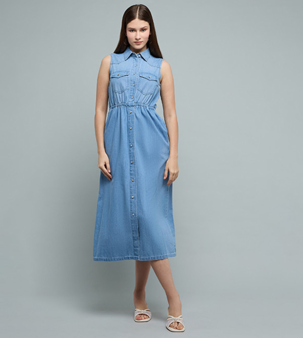 Washed Sleeveless Denim Shirt Dress with Classic Collar
