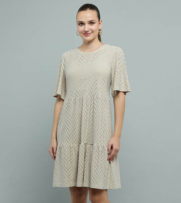 Schiffli Tiered Dress with Crew Neck and Short Sleeves