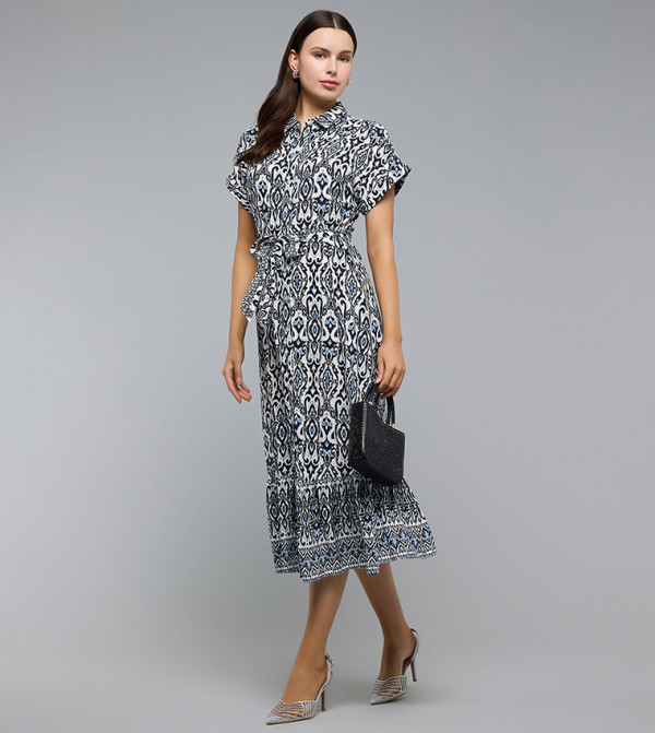 Patterned Shirt Dress with Classic Collar and Short Sleeves