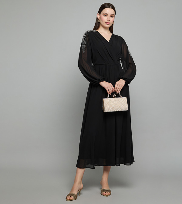 Embellished Flared Dress with Wrap Neck and Long Sleeves