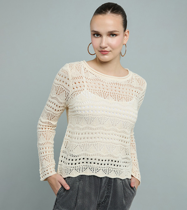 Open-Work Top with Crew Neck and Long Sleeves