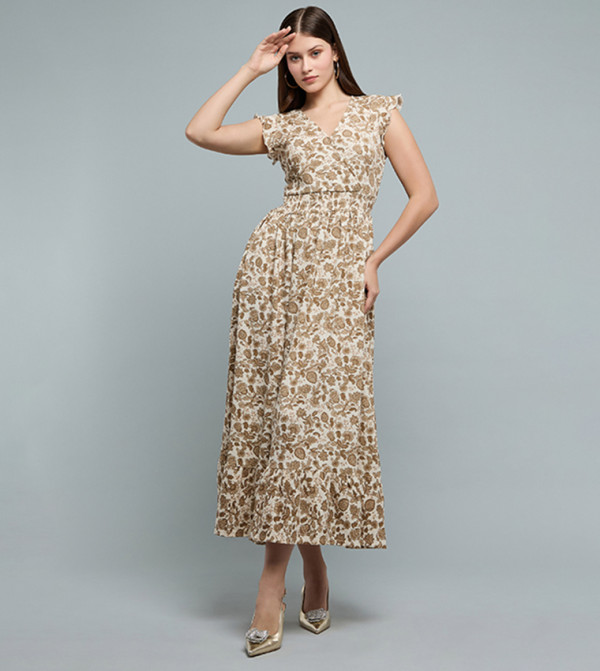 Printed Midi Dress with V-Neck and Short Sleeves