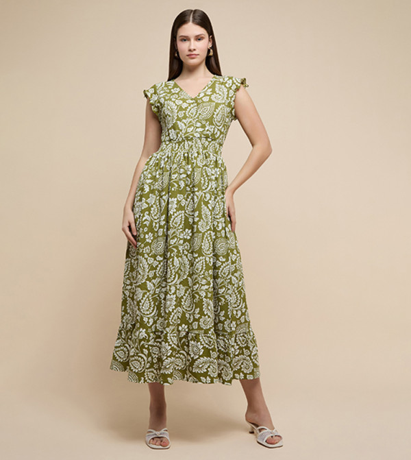 Printed Midi Dress with V-Neck and Short Sleeves