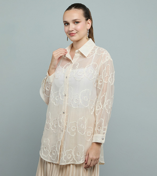 Embroidered Organza Shirt with Classic Collar and Long Sleeves