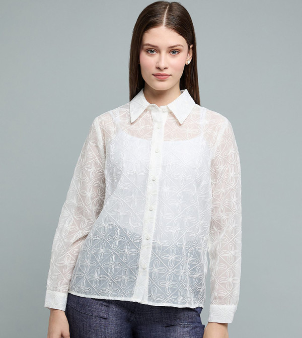 Embroidered Shirt with Classic Collar and Long Sleeves