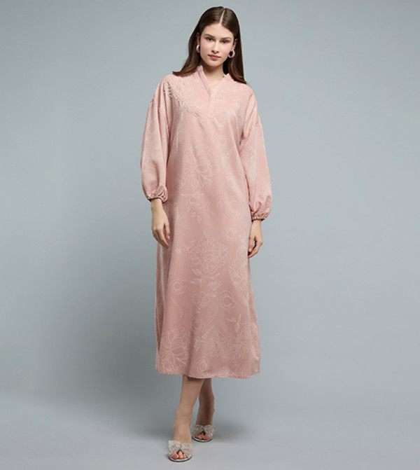 Embellished Midi Dress with Split Neck and Long Sleeves