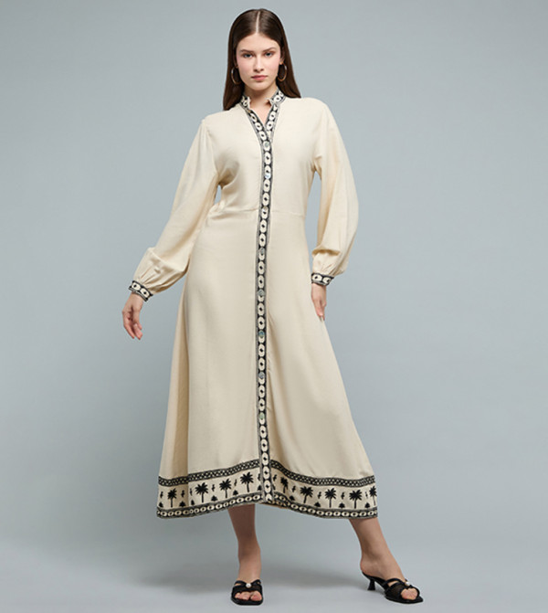 Embroidered Midi Dress with Mandarin Collar and Long Sleeves