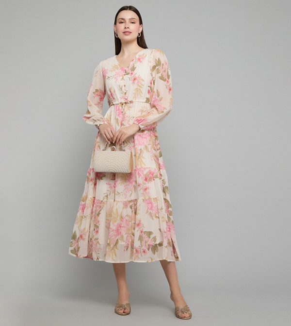Floral Print Tiered Dress with V-Neck and Puff Sleeves