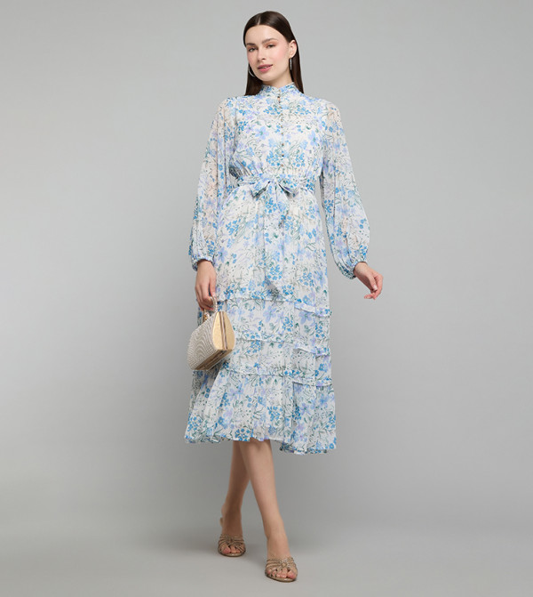 Floral Print Tiered Dress with High Neck and Puff Sleeves