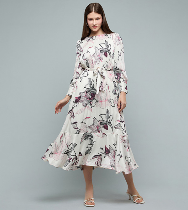 Floral Printed Midi Dress with Crew Neck and Long Sleeves